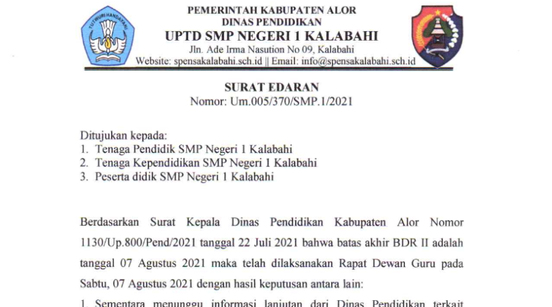 Pengumuman Masuk Sekolah: Senin, 09 Agustus 2021